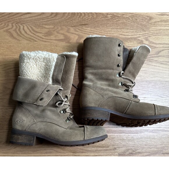 Ugg Gradin Boots Leather Women’s 8.5 Combat Lace Up Fold Down Sherpa - Picture 1 of 8